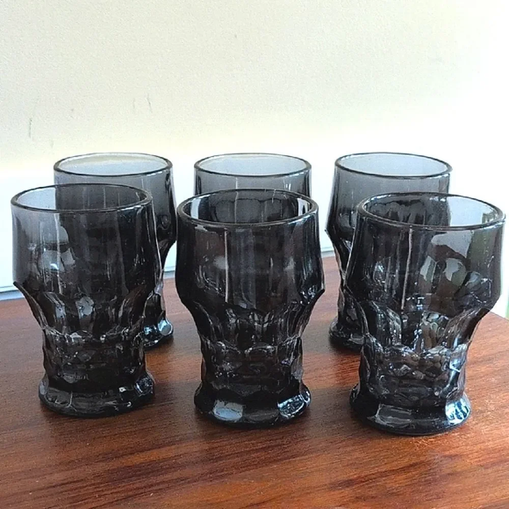 Vintage Anchor Hocking Georgian Smoke Glass 12 ounce Flat Tumbler, Set of 6